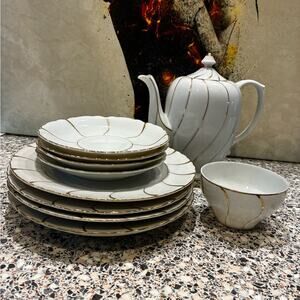 Vintage Art Deco White and Gold Set of 10 , gold inlay white porcelain